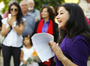 Maryam Monsef  announces that she is running for mayor in front of City Hall on Wednesday, August 27, 2014 to a crowd of roughly 50 people who cheered after she announced she had filed her papers to run for mayor. Monsef, who turns 30 in November, is the youngest candidate to run in the Oct. 27 municipal election. Clifford Skarstedt/Peterborough Examiner/QMI Agency